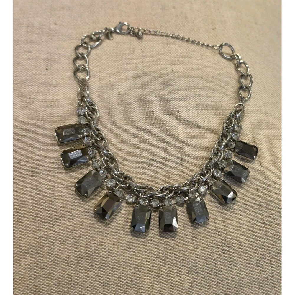 Chico's Rectangle Dark Mirrored Stones Pale Blue Iridescent Statement Necklace
